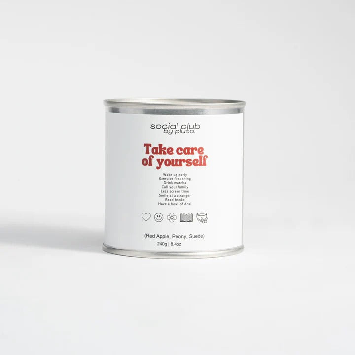 Can of 'social club by pluto' with motivational text on a white background