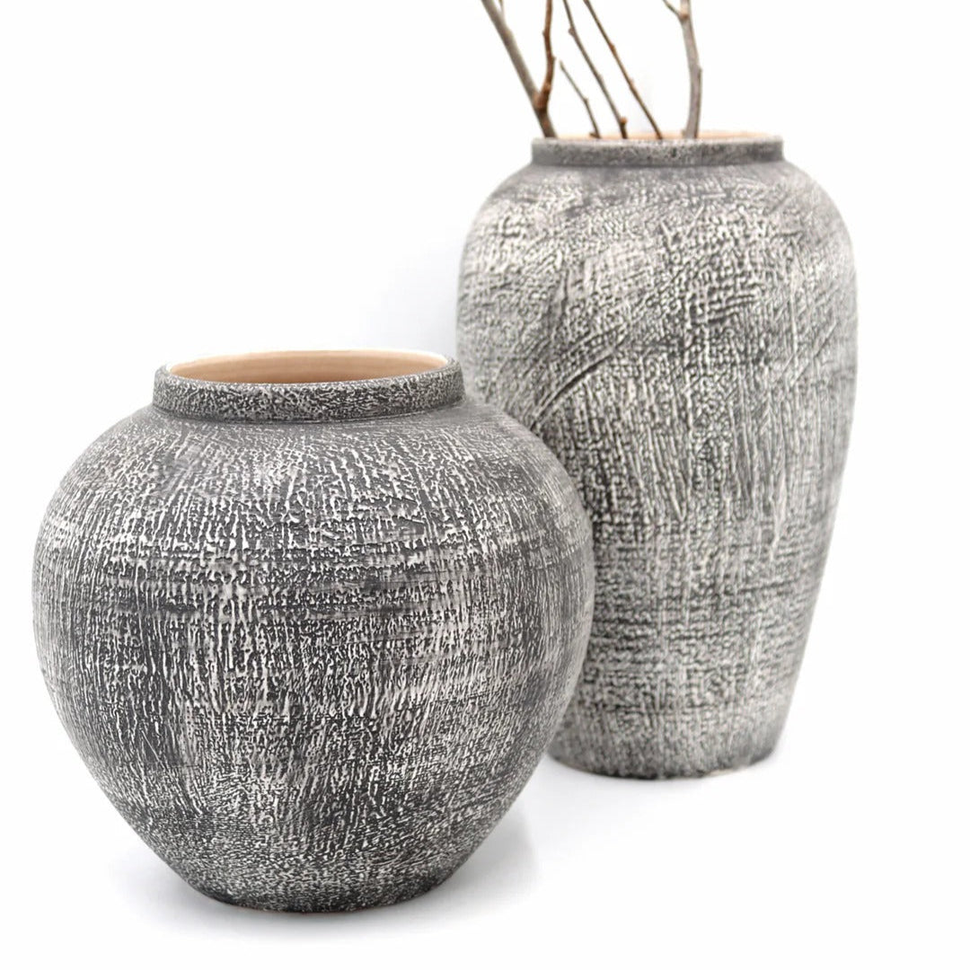 Two textured gray vases