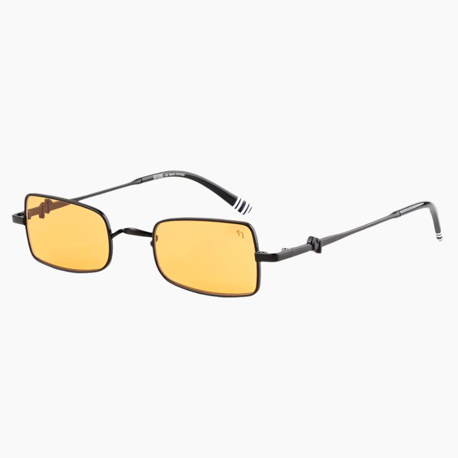 Sunglasses with gold lenses and black frames