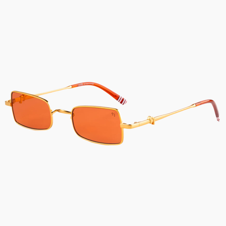 Orange sunglasses with gold frames