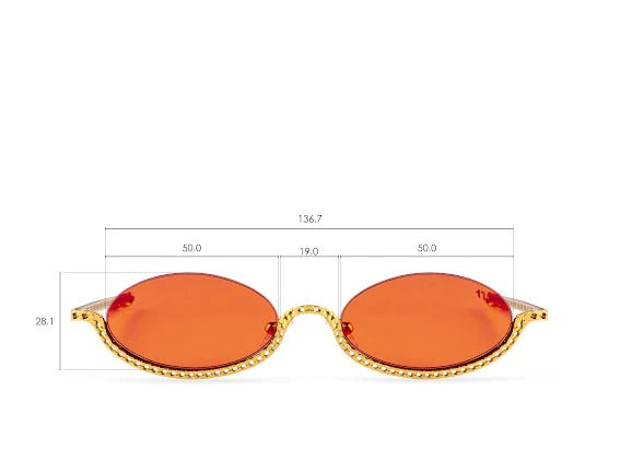 Sunglasses with orange lenses and gold chain