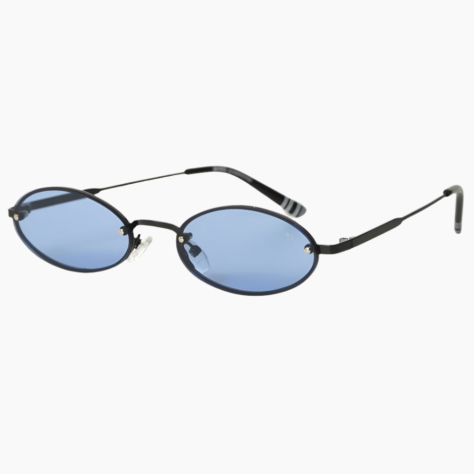 Sunglasses with black frame and blue lenses
