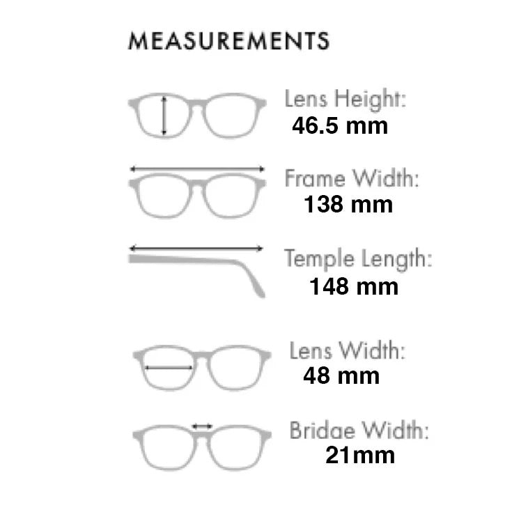 Glasses measurements chart with lens height, frame width, temple length, lens width, and bridge width listed.
