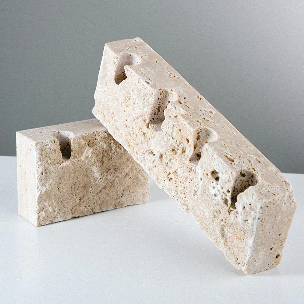 Candle holder in beige travertine-natural stone with rock face, ruff finish front and smooth sides