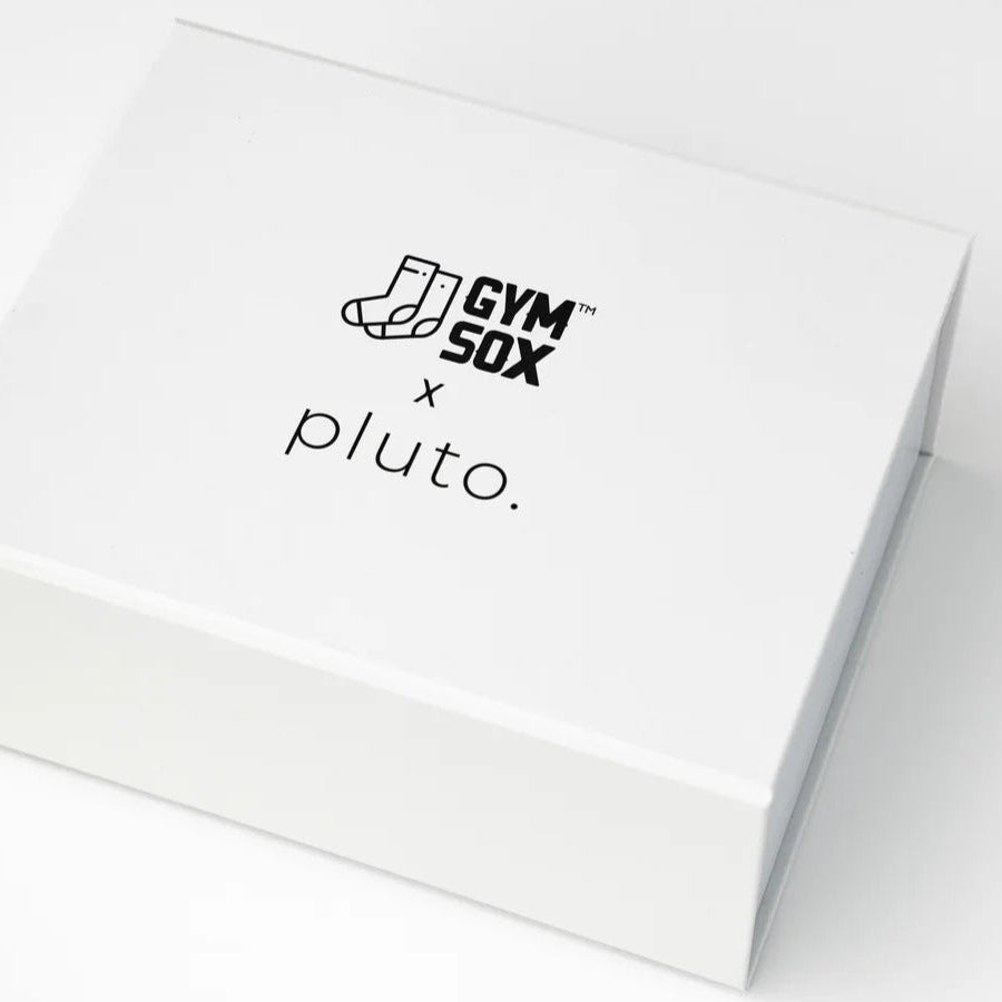 White box with 'Gym Sox x Pluto' branding on a white background