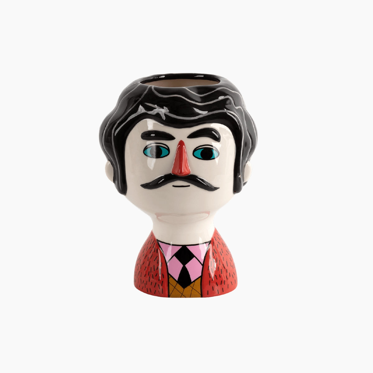 Decorative vase shaped like a stylized face with a mustache
