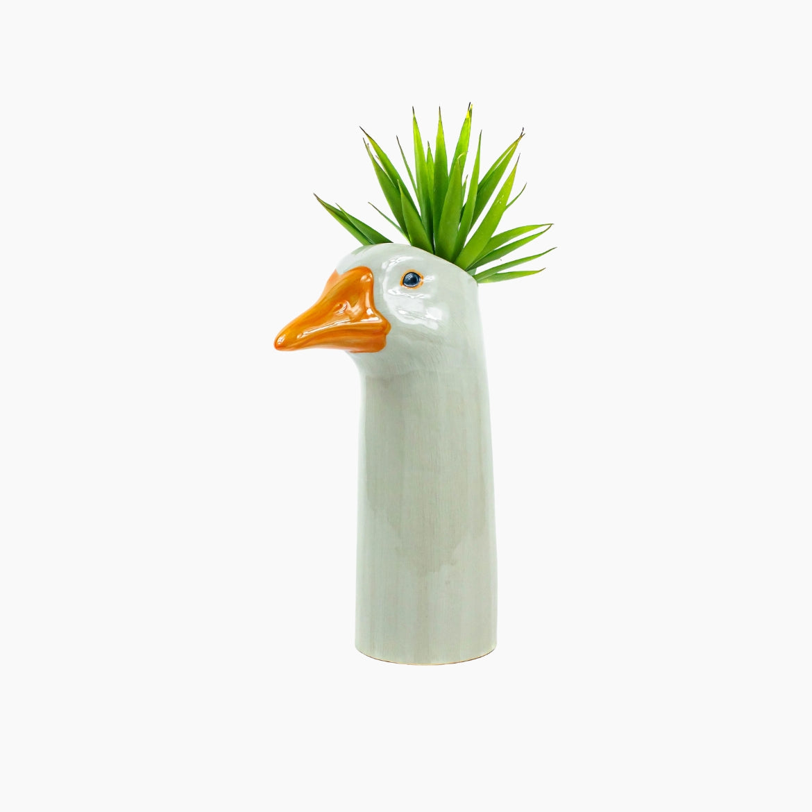 Ceramic vase shaped like a duck with a plant