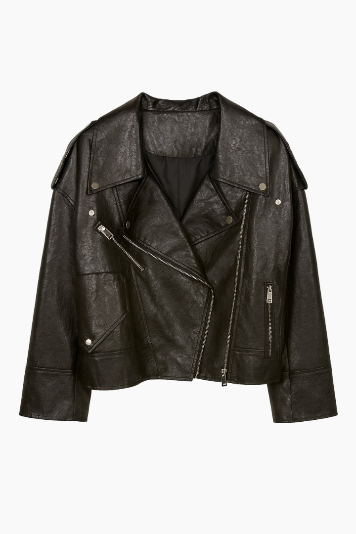 brown leather jacket with a side zipper