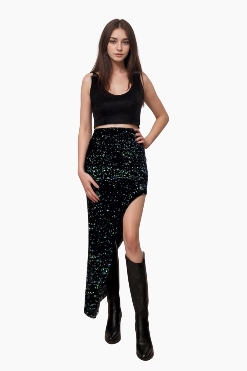 Velvet Sequin Slit Skirt Long