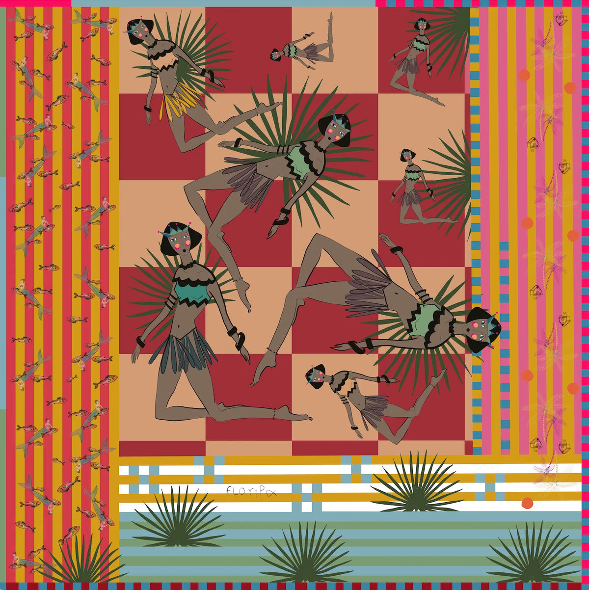 Colorful patterned scarf with dancing figures and geometric shapes