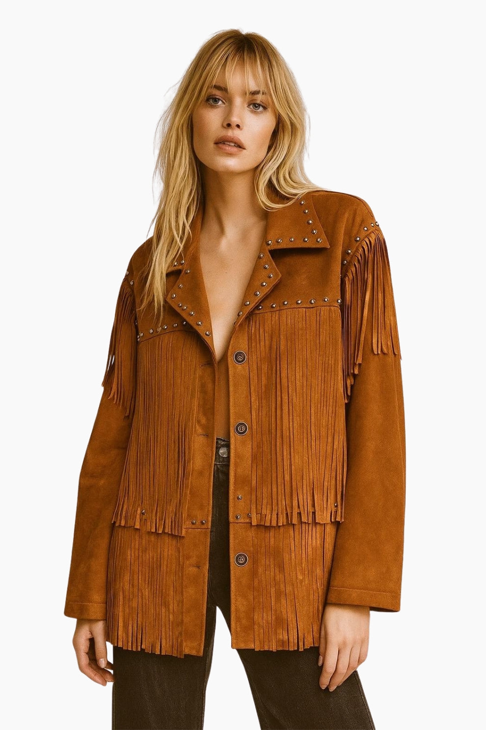 Woman wearing a brown suede jacket with fringes