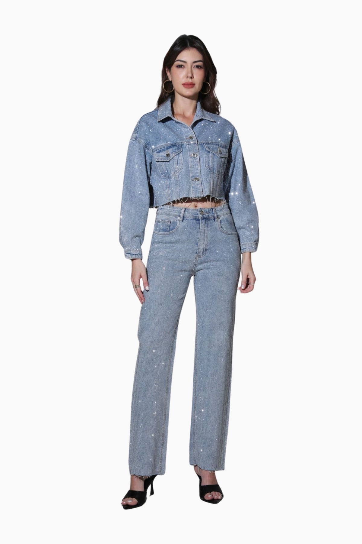 Woman wearing a denim jacket and jeans
