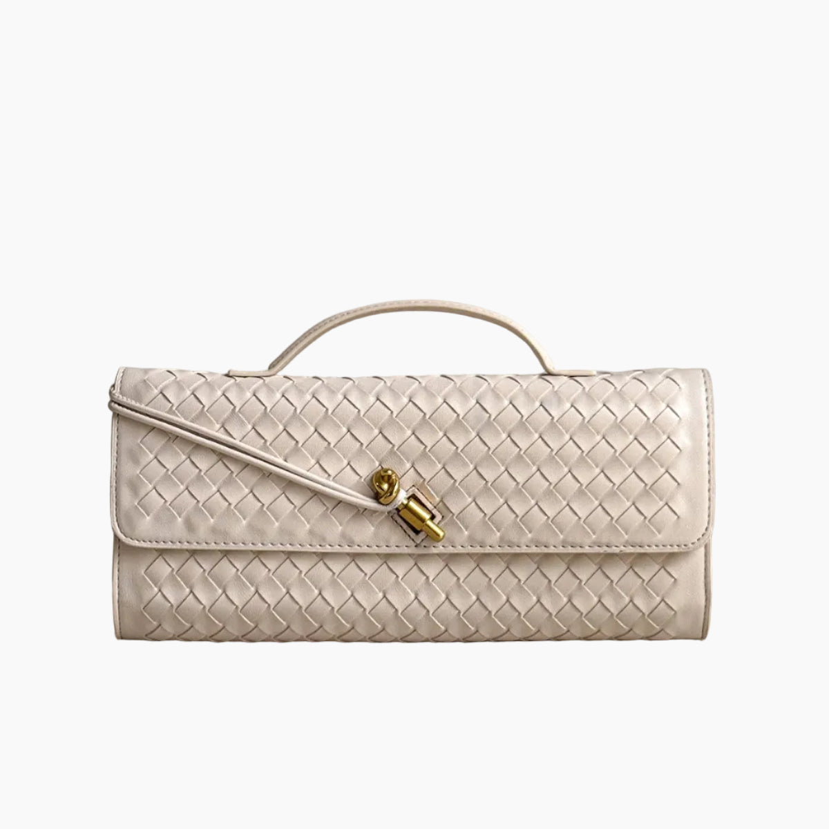 A woven leather clutch handbag in a light cream-beige color with a top handle and a gold-tone padlock closure, set against a neutral textured gray background.