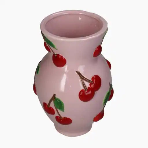 Pink ceramic vase with red cherry decorations