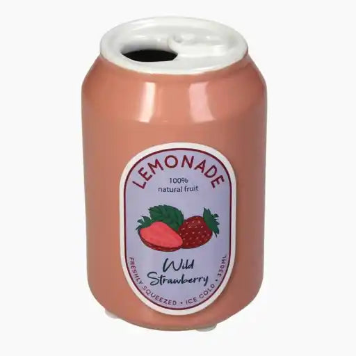 Pink lemonade can-shaped container with a strawberry label