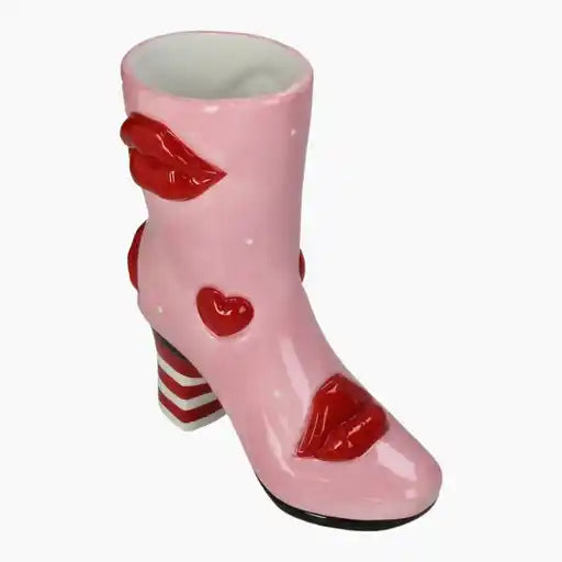 Pink ceramic boot with red hearts and stripes
