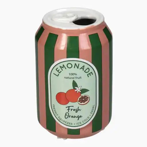 Lemonade can-shaped candle with green and pink stripes