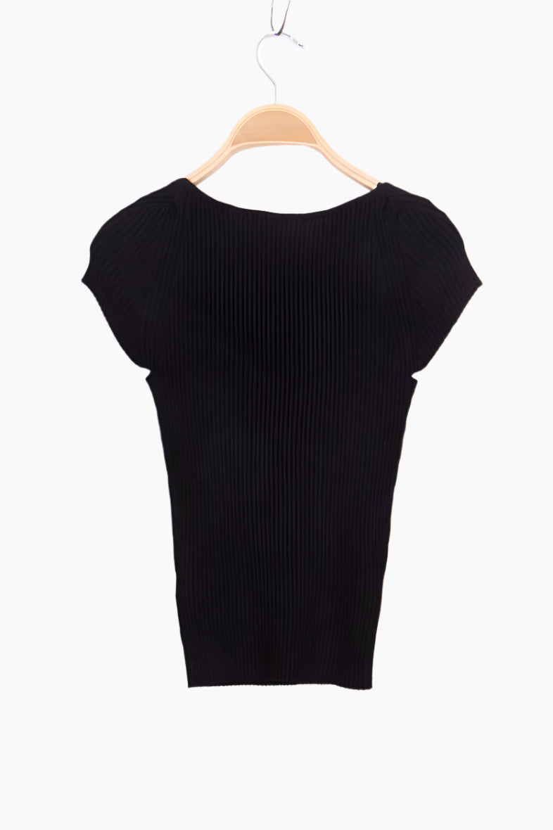 Black ribbed knit top on a wooden hanger