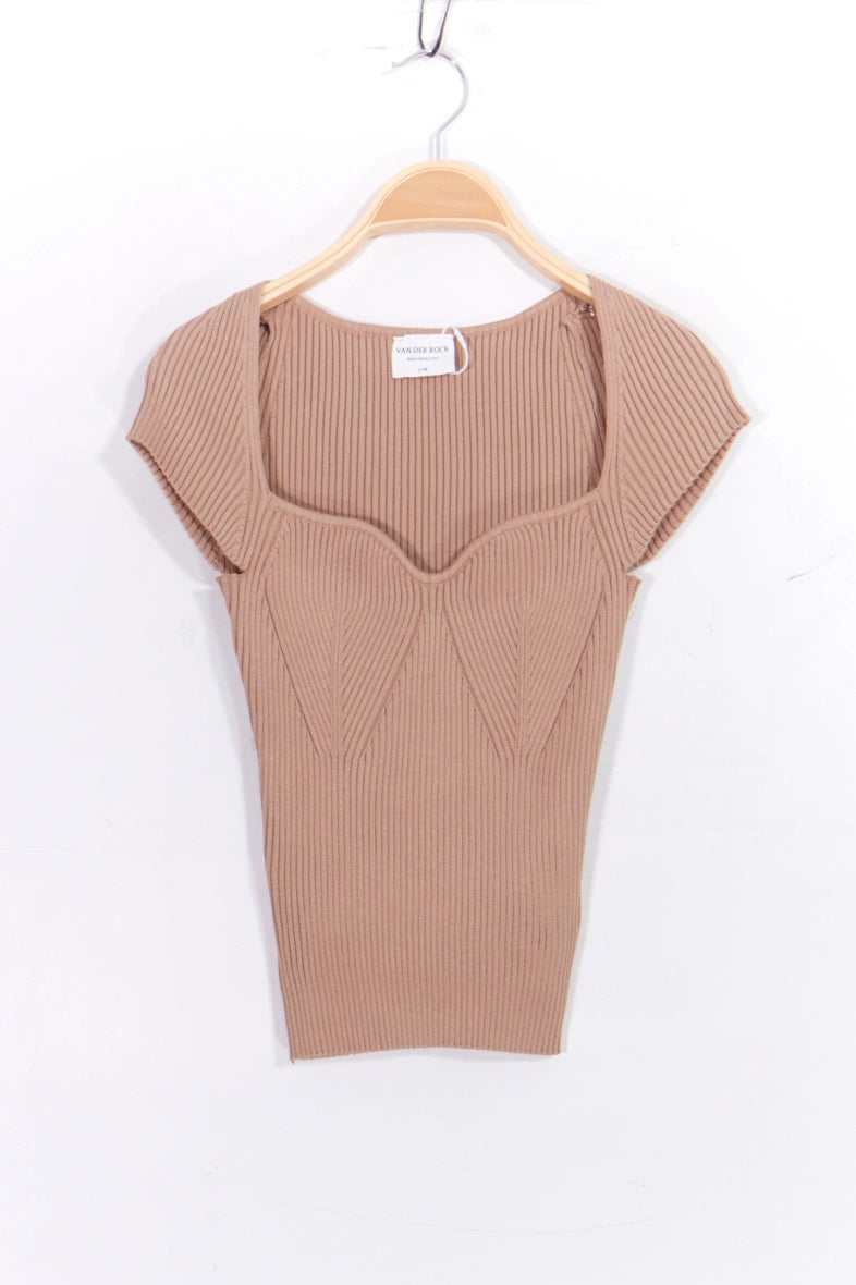 pink ribbed knit top on a wooden hanger
