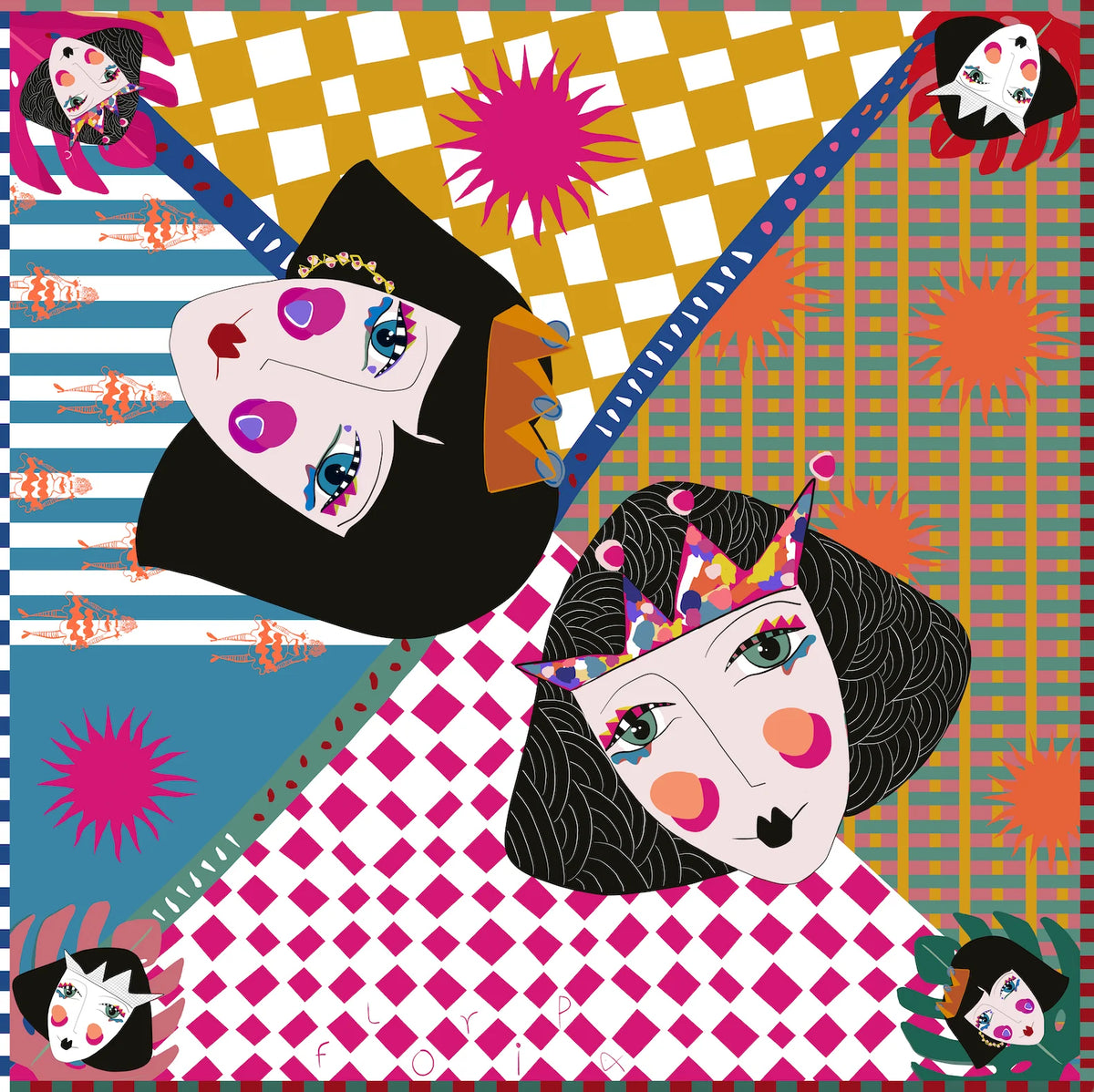 Colorful abstract design with stylized faces and patterns