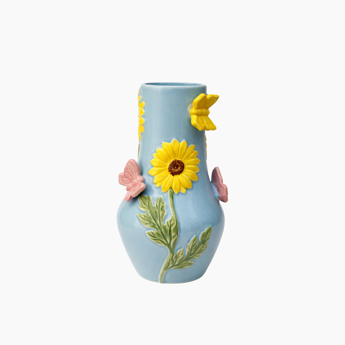 Decorative vase with floral and butterfly designs on a light blue background