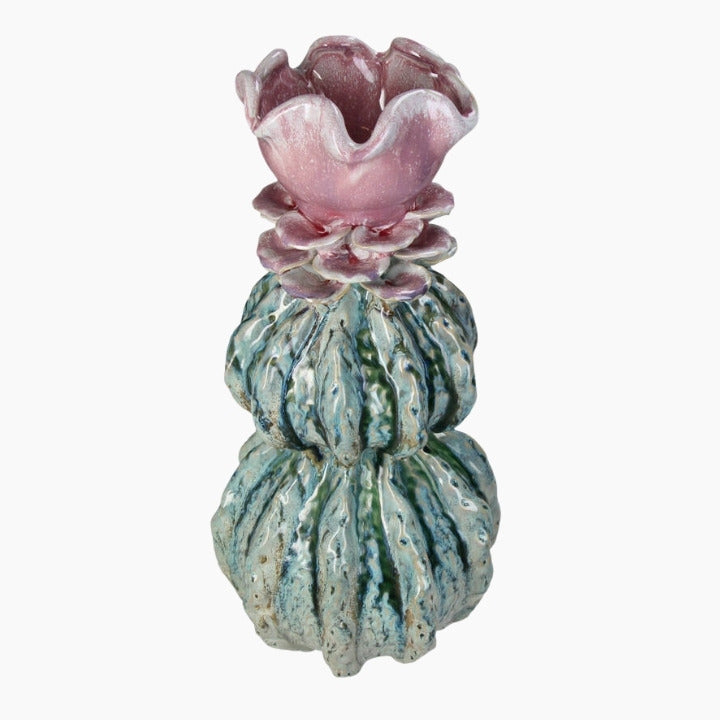 A larger multi-colored stoneware vase that adds a dynamic and cheerful touch to your interior.