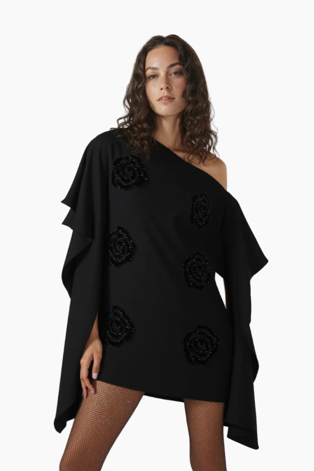 Black one-shoulder dress with floral embellishments 