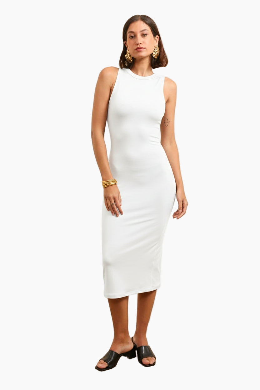 Woman wearing a brown sleeveless dress 