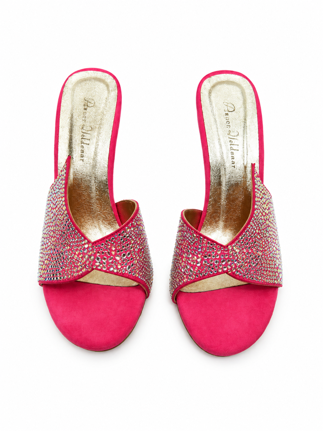 A pair of women's heeled slide sandals by Marc Jacobs, featuring bright pink suede toes and straps heavily embellished with pink and silver rhinestones, shown from a top-down view on a white background.