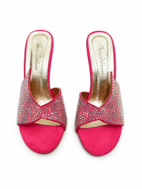 A pair of women's heeled slide sandals by Marc Jacobs, featuring bright pink suede toes and straps heavily embellished with pink and silver rhinestones, shown from a top-down view on a white background.