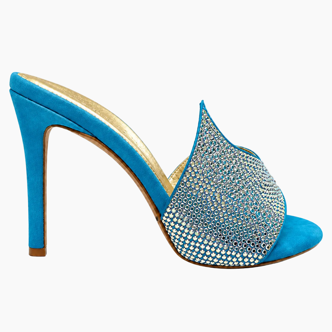 A single high-heeled mule shoe in bright blue suede, featuring a pointed toe embellished with rows of clear rhinestones and a slim high heel, shown against a plain white background.