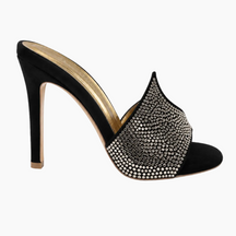 A single black suede high-heeled mule sandal decorated with a dense pattern of silver rhinestones on the open toe strap, shown from a side profile against a white background.