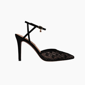 Black high-heeled shoe with lace detailing 