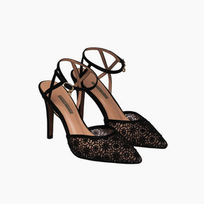 Black lace high-heeled shoes with thin straps