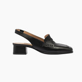 Black leather loafer with a block heel 