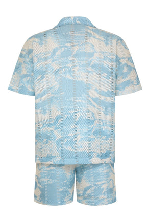 Light blue and white patterned shirt and shorts set