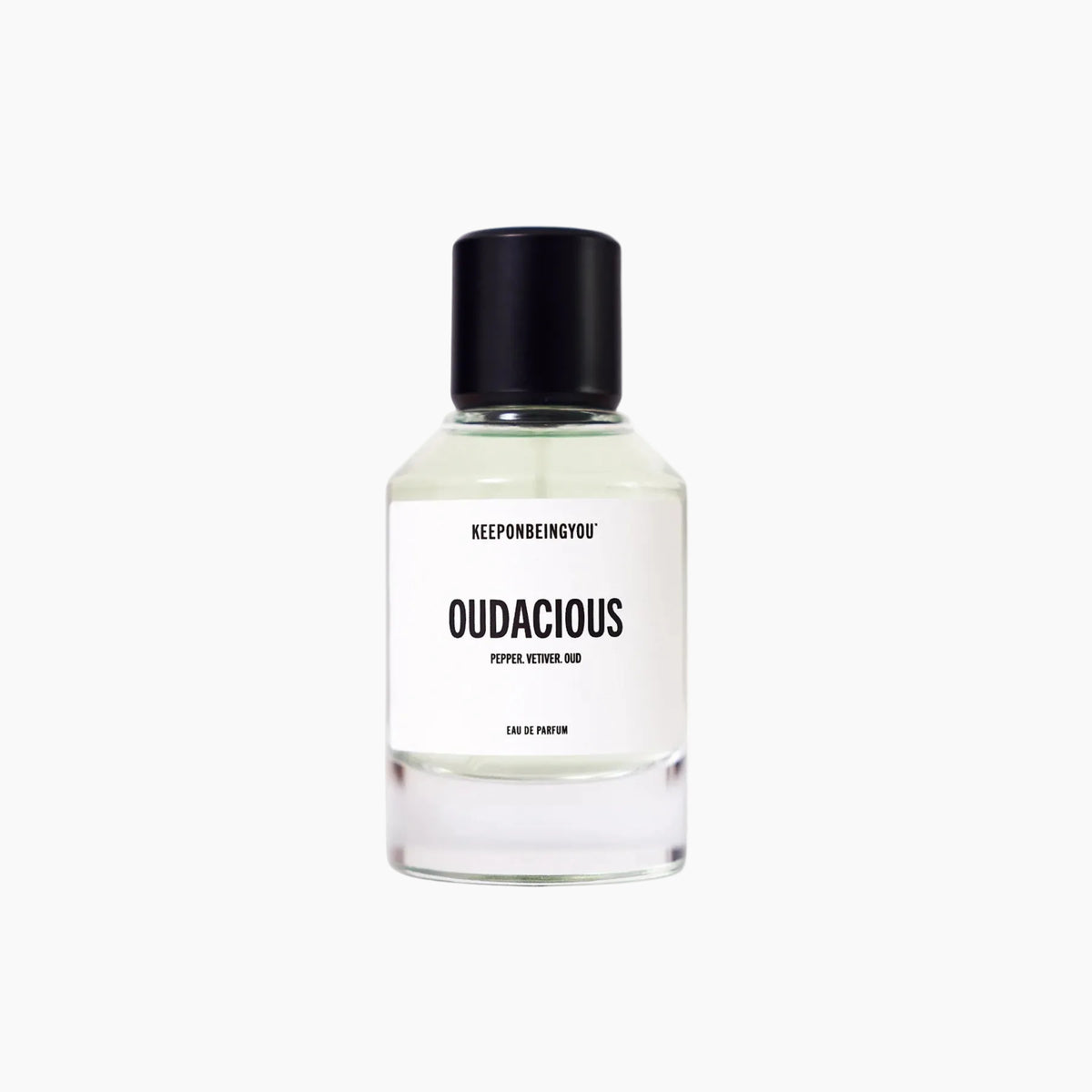 Perfume bottle labeled 'Oudacious' by 'keeponbeingyou' on a white background