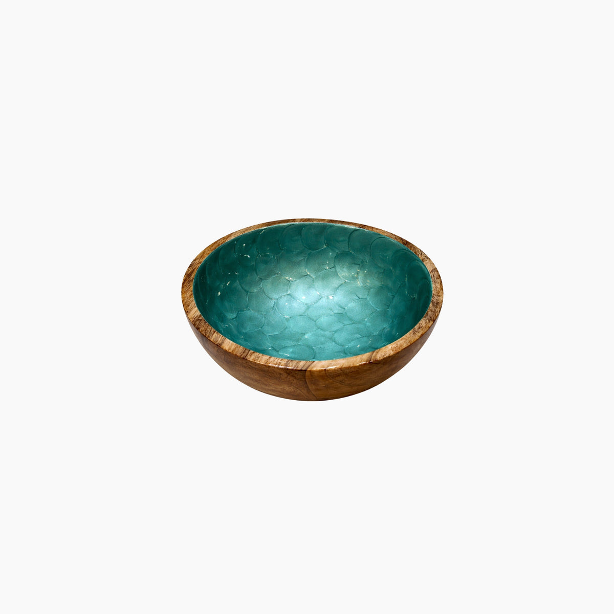 Teal ceramic bowl with wooden rim on a white background