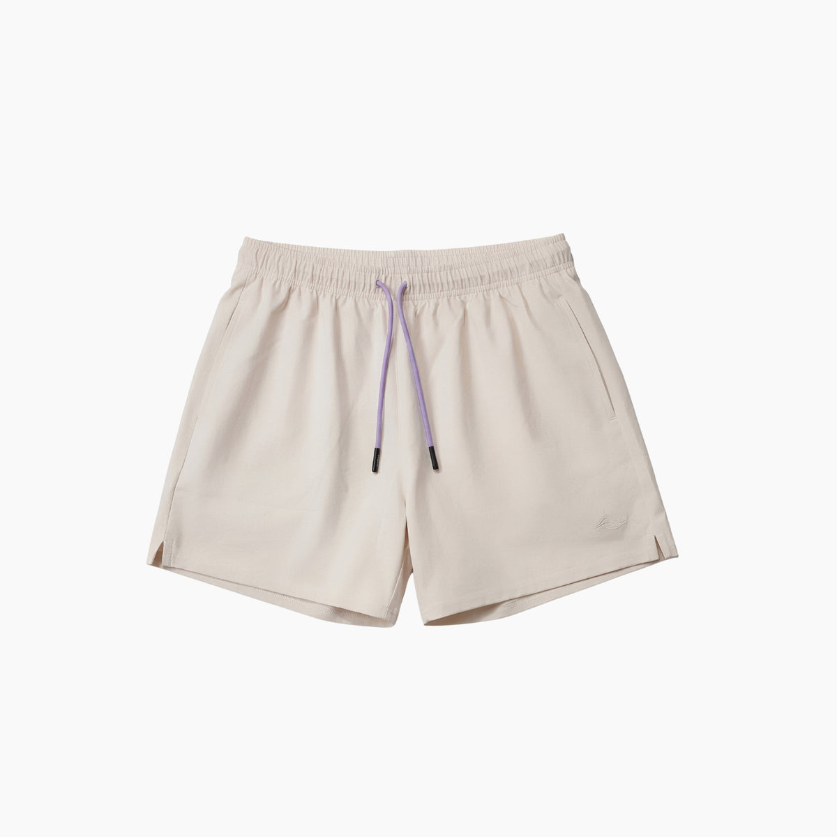 Beige shorts with a purple drawstring on a white background