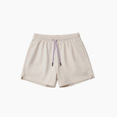 Beige shorts with a purple drawstring on a white background