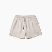 Beige shorts with a purple drawstring on a white background