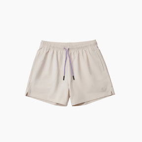 Beige shorts with a purple drawstring on a white background