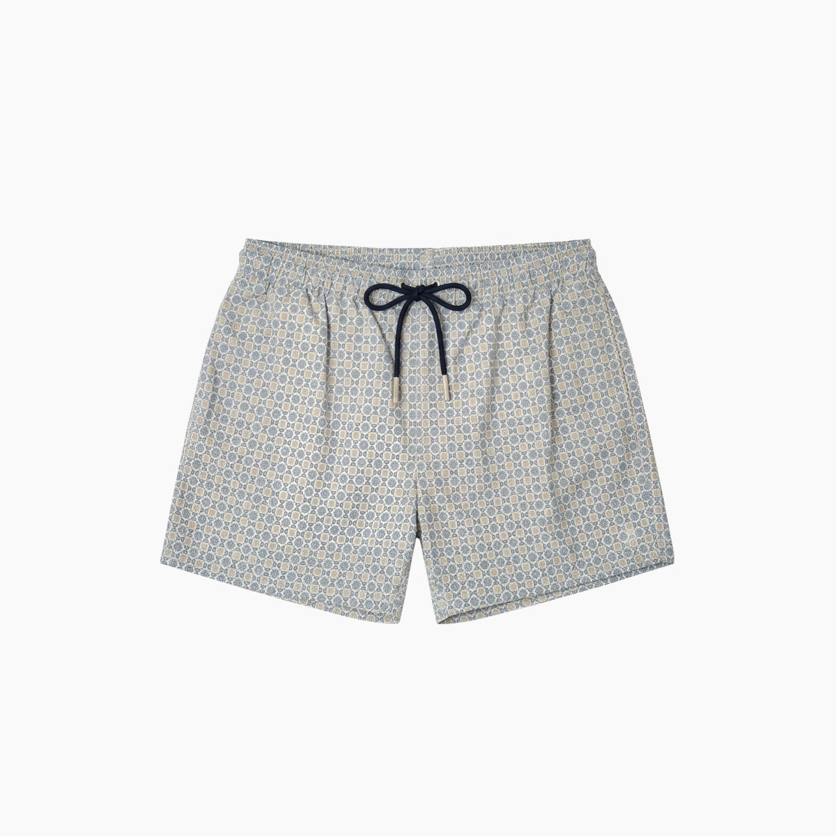 Patterned shorts with a drawstring on a white background