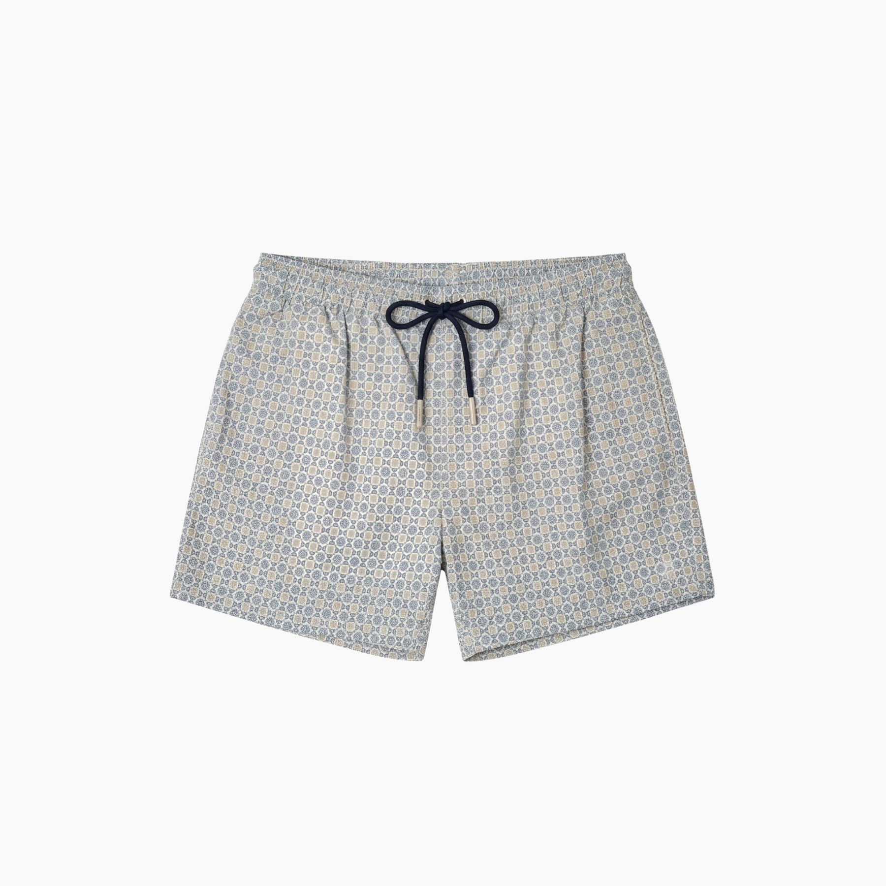 Patterned shorts with a drawstring on a white background