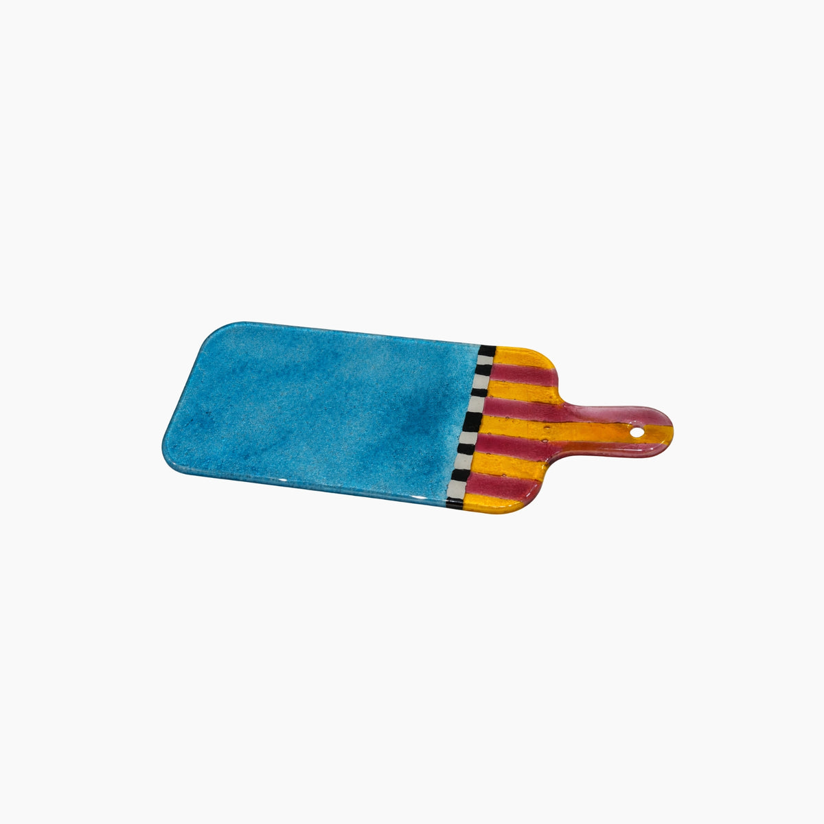 Colorful ceramic paddle with blue body and striped handle on a white background