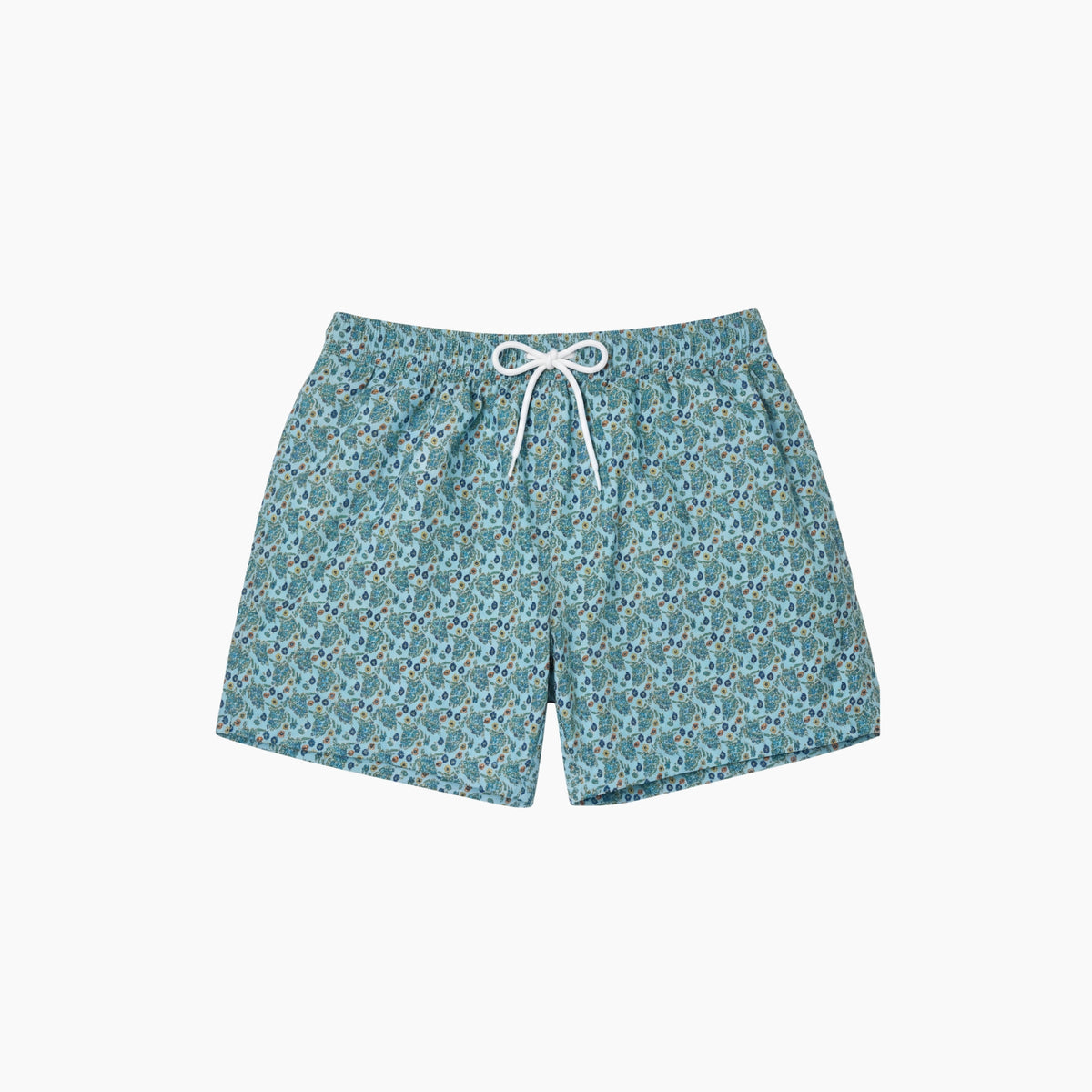 Floral patterned shorts with a drawstring on a white background