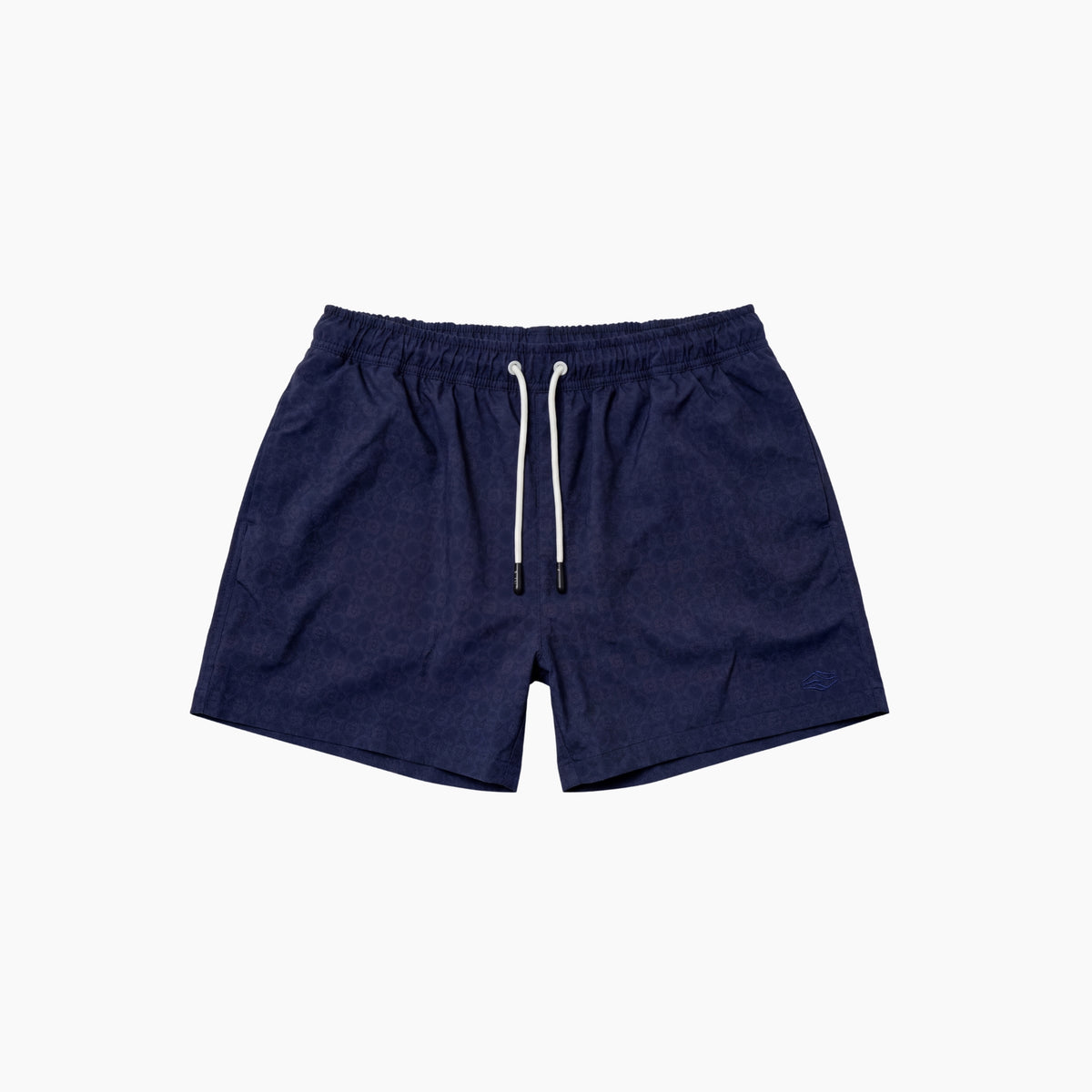 Navy blue shorts with a white drawstring on a light gray background