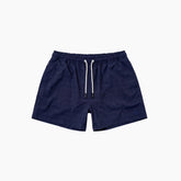Navy blue shorts with a white drawstring on a light gray background