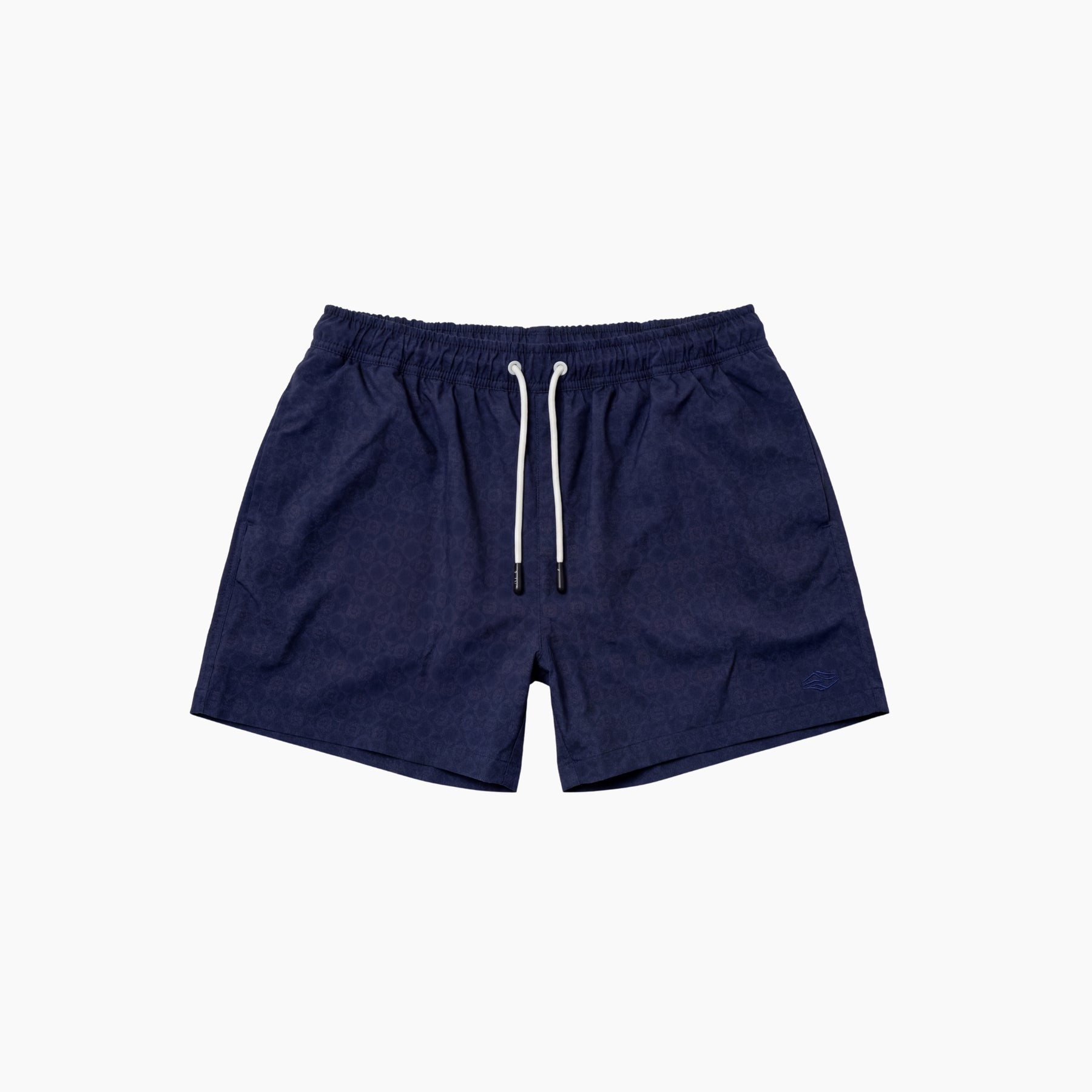 Navy blue shorts with a white drawstring on a light gray background