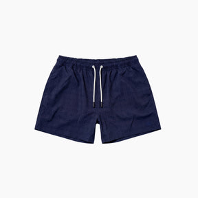 Navy blue shorts with a white drawstring on a light gray background